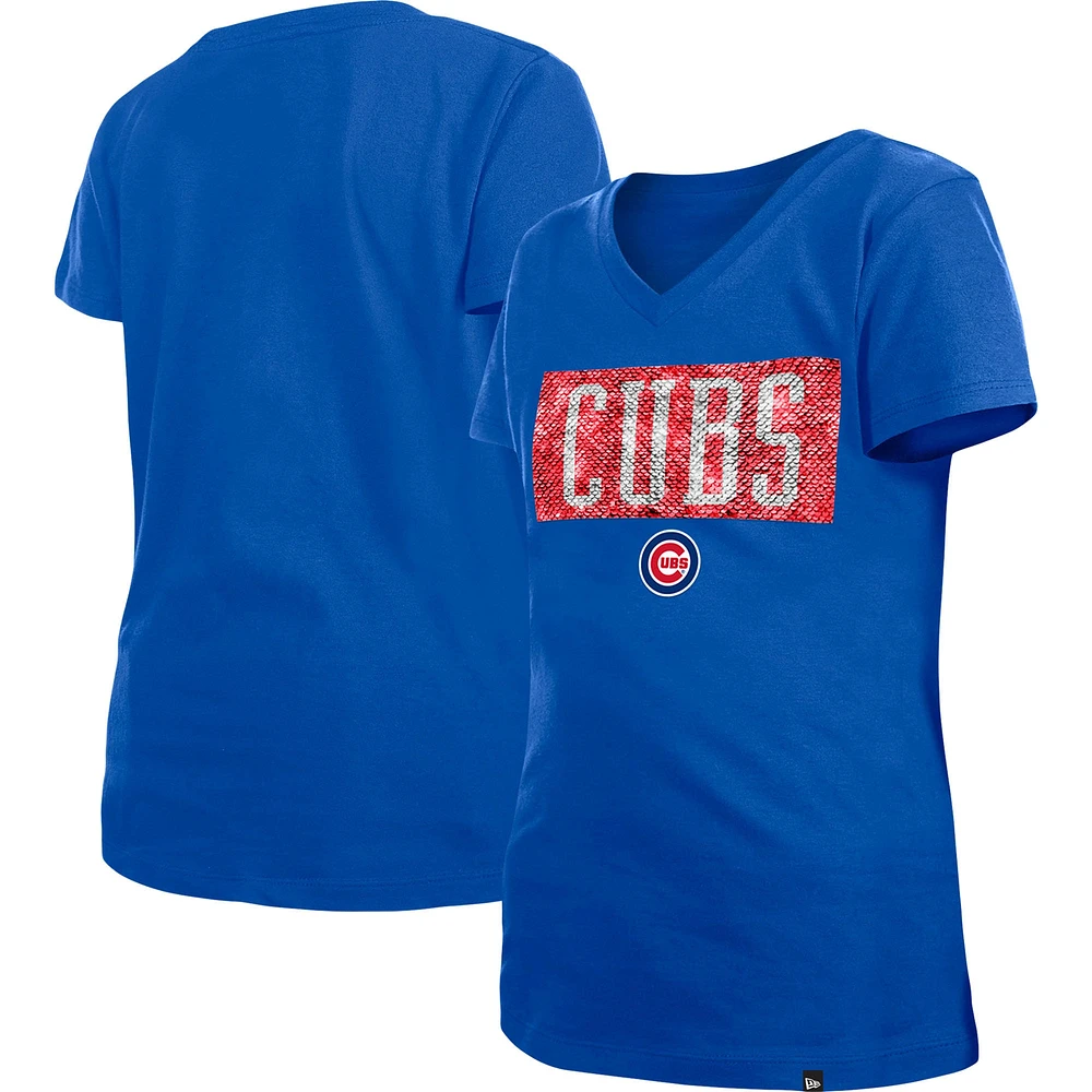 Girls Youth New Era Royal Chicago Cubs Flip Sequin Team V-Neck T-Shirt