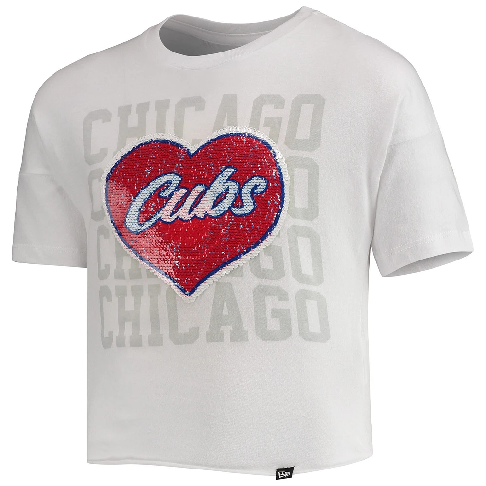 Girls Youth New Era White Chicago Cubs Flip Sequin Heart Crop Top