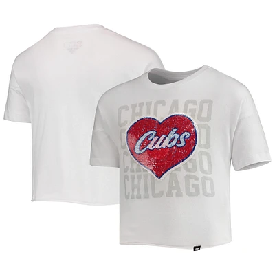 Girls Youth New Era White Chicago Cubs Flip Sequin Heart Crop Top