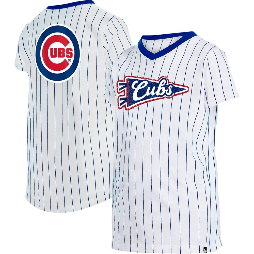 New Era Girls Youth New Era White Chicago Cubs Pinstripe V-Neck T