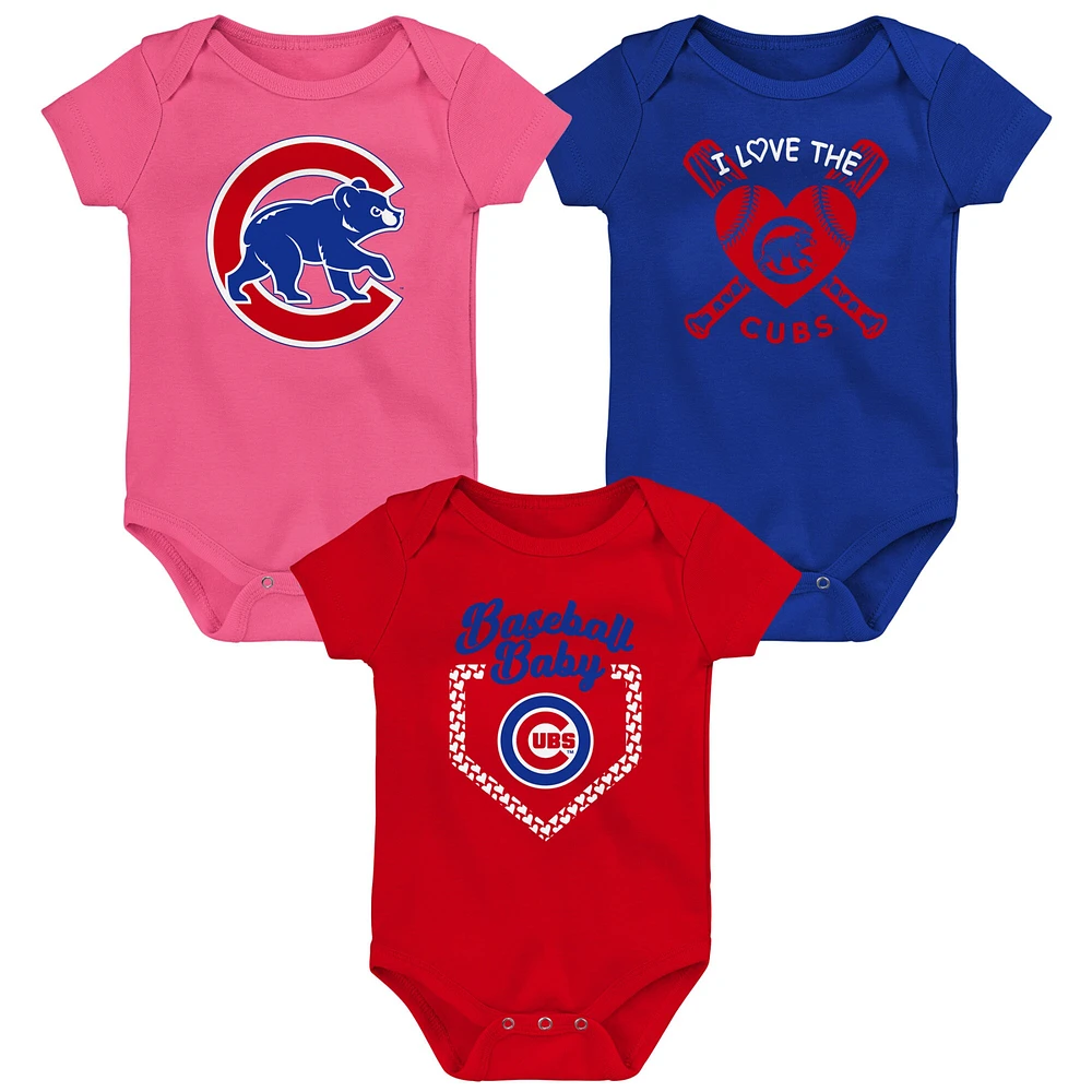 Ensemble de 3 bodys pour bébé, bleu royal/rouge/rose, Chicago Cubs Baseball