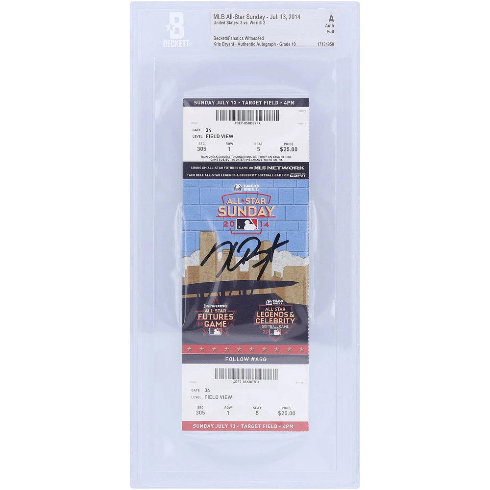 Kris Bryant Chicago Cubs Autographed Beckett Fanatics Witnessed Authenticated Auto 10 Ticket from July 13, 2014 - MLB All-Star Sunday