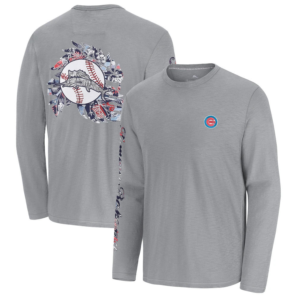 T-shirt à manches longues Tommy Bahama gris pour homme Chicago Cubs Tropic Curveball Lux