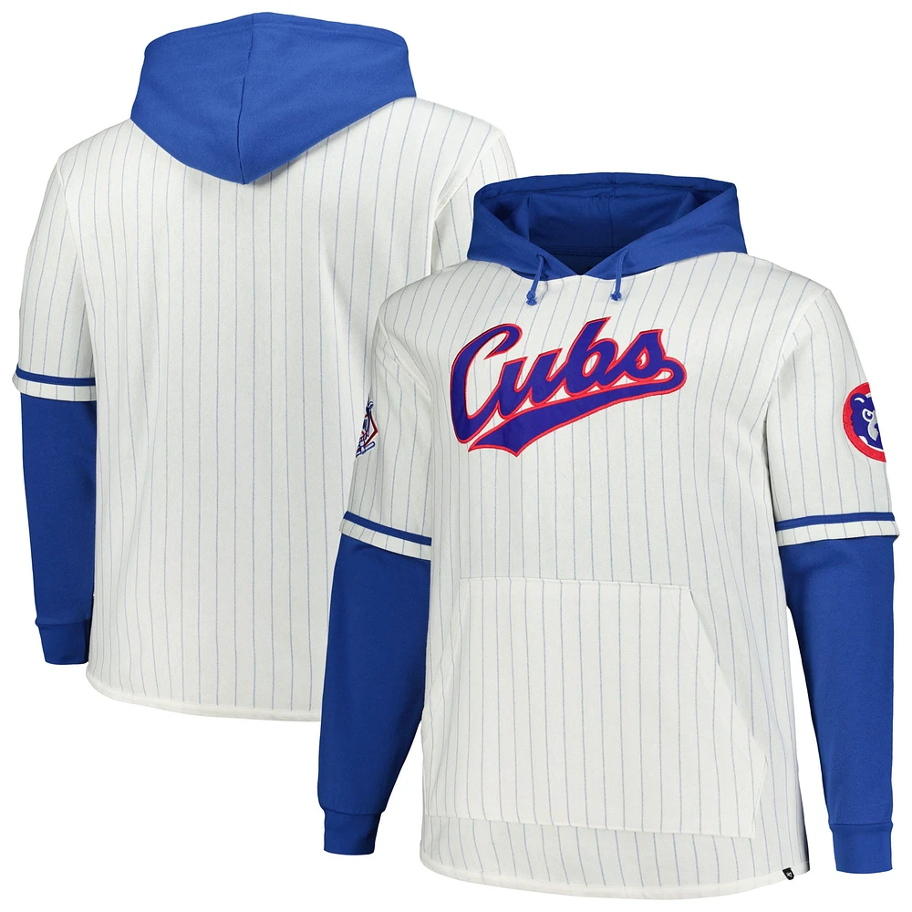 Men's '47 White Chicago Cubs Big & Tall Pinstripe Double Header Collection Pullover Hoodie