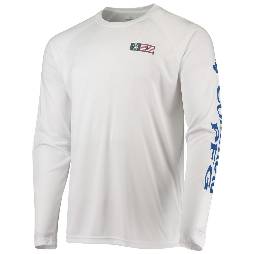 Men's Columbia White Chicago Cubs Americana Terminal Tackle Omni-Shade Long Sleeve Raglan T-Shirt