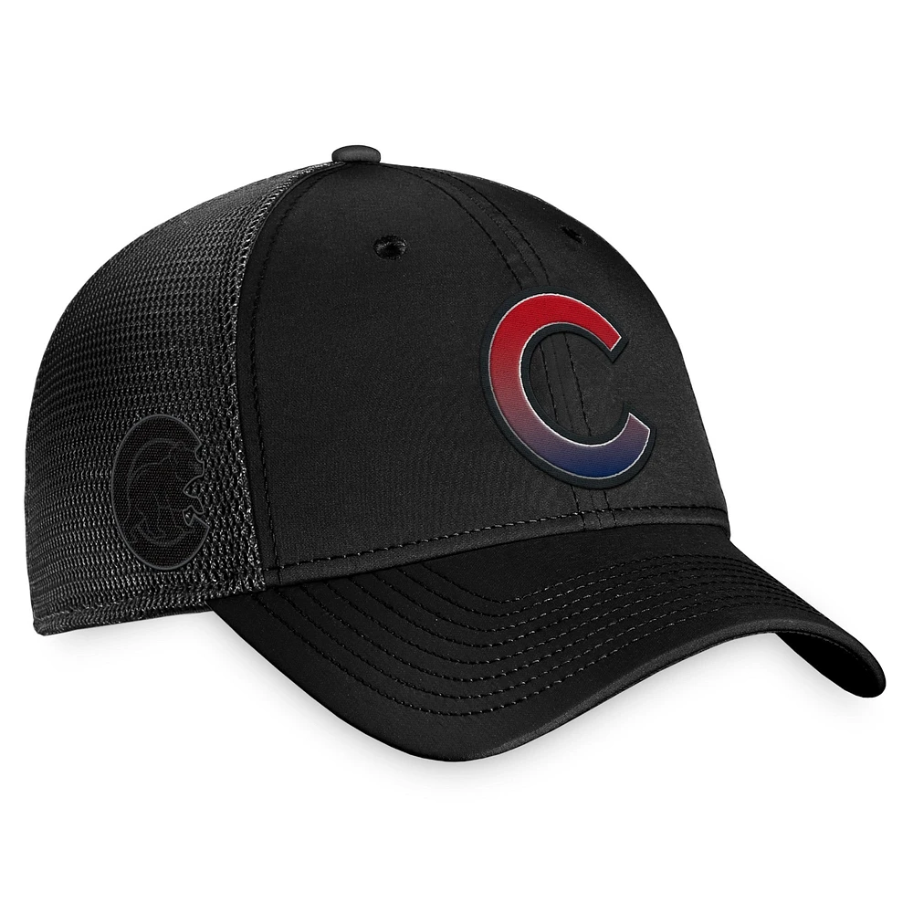 Casquette snapback de camionneur décolorée noire Fanatics pour hommes des Chicago Cubs