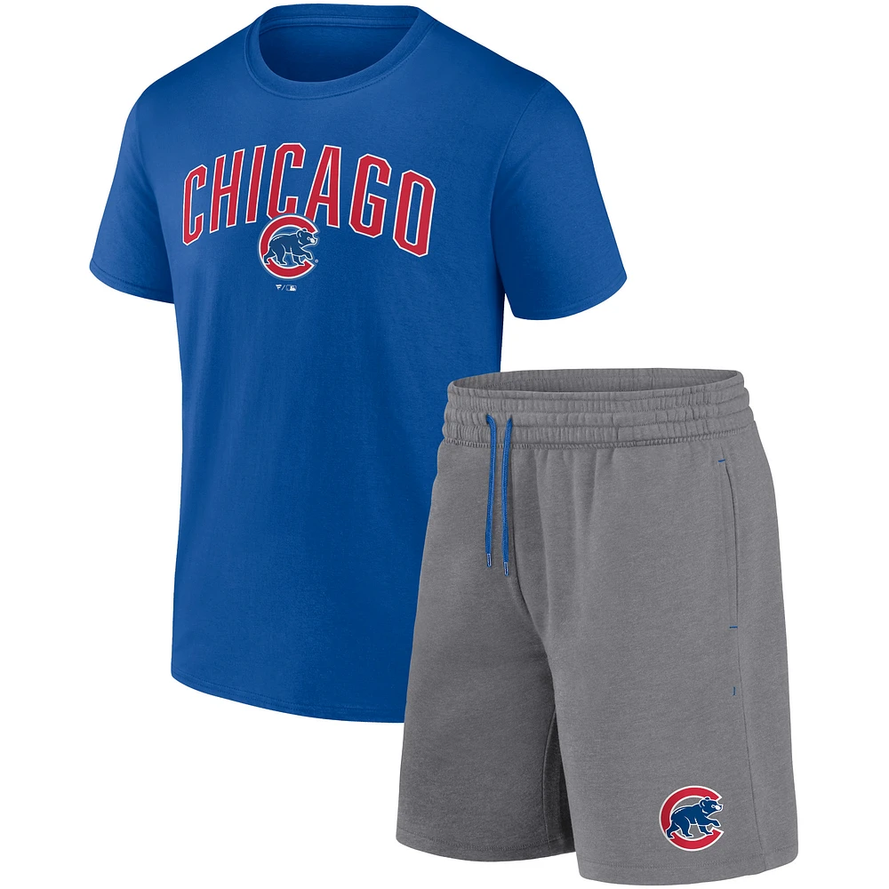 Ensemble combiné t-shirt et short Fanatics Royal/Heather Grey pour hommes des Chicago Cubs Arch