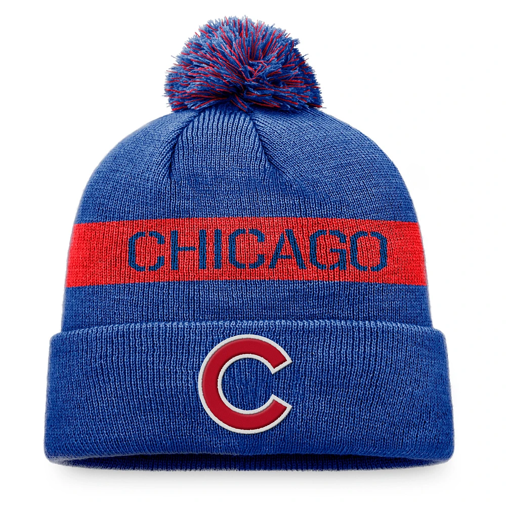 Bonnet en tricot à revers avec logo Fanatics Royal/Red Chicago Cubs League pour hommes avec pompon