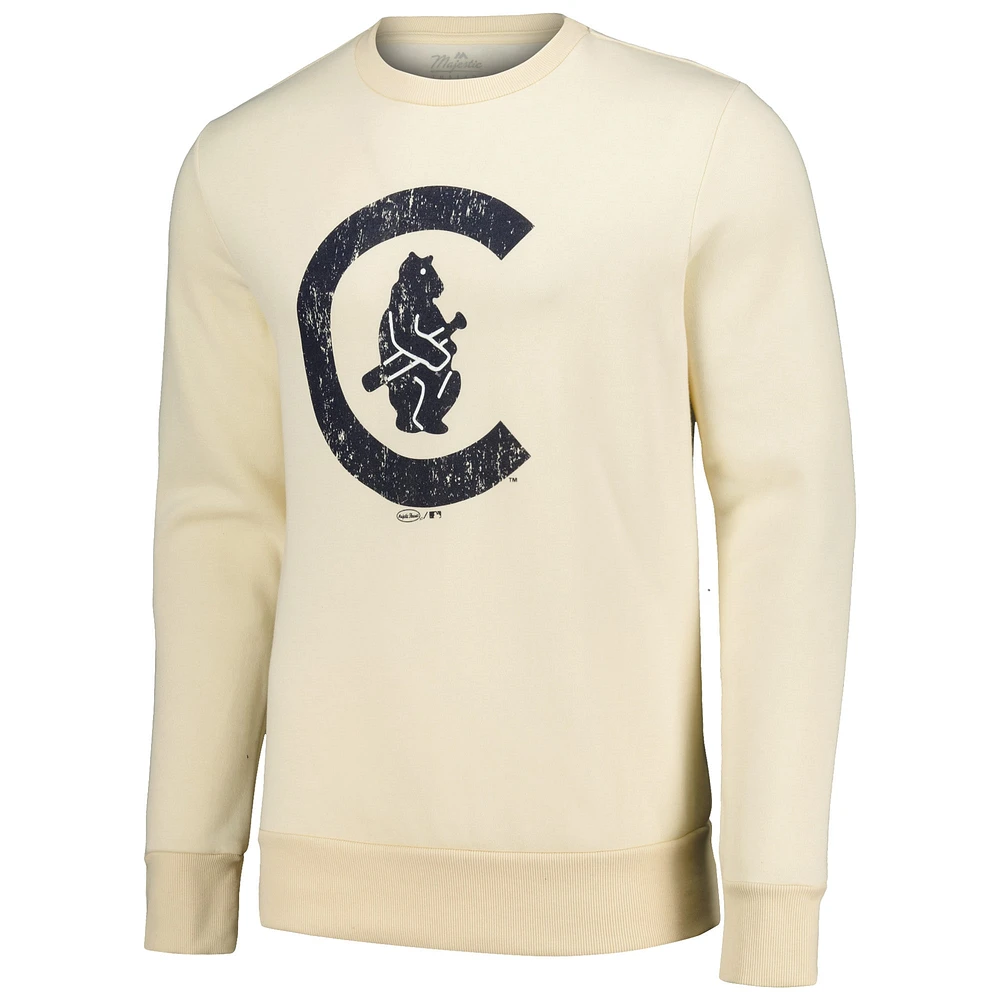 Men's Majestic Threads Oatmeal Chicago Cubs Fleece Pullover Sweatshirt