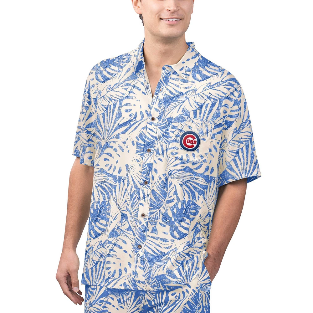 Chemise boutonnée de fête à imprimé Monstera des Royal Chicago Cubs Margaritaville pour hommes