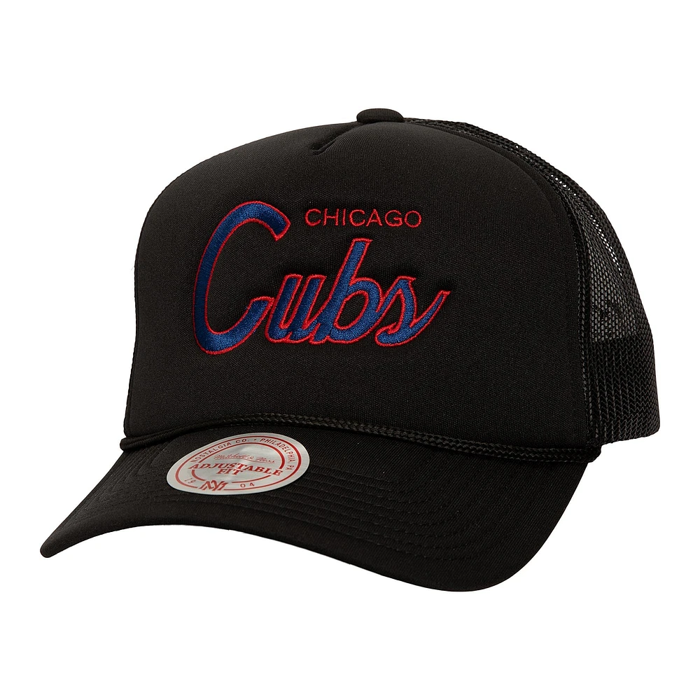 Men's Mitchell & Ness Black Chicago Cubs Script Trucker Adjustable Hat