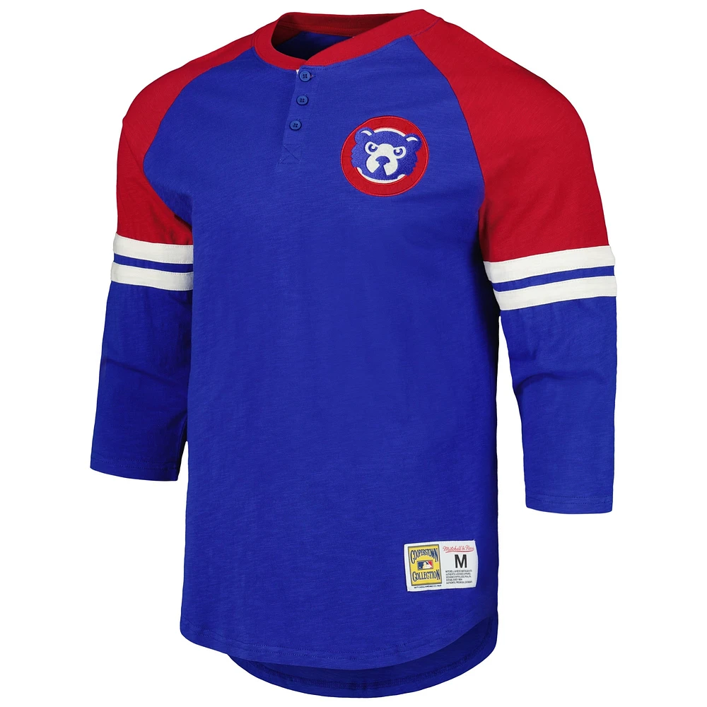 Men's Mitchell & Ness Royal Chicago Cubs Cooperstown Collection Legendary Raglan Slub Henley Three-Quarter Sleeve T-Shirt