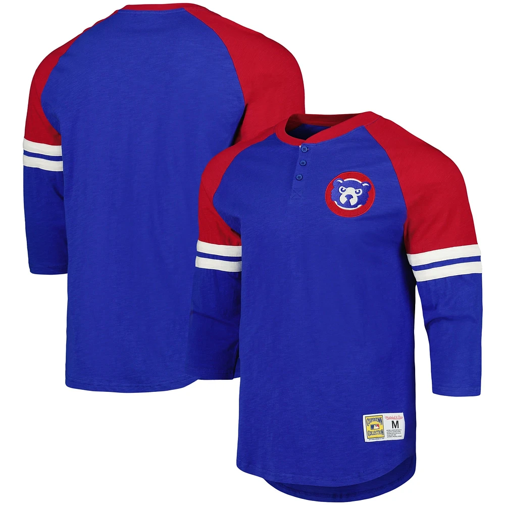 Men's Mitchell & Ness Royal Chicago Cubs Cooperstown Collection Legendary Raglan Slub Henley Three-Quarter Sleeve T-Shirt