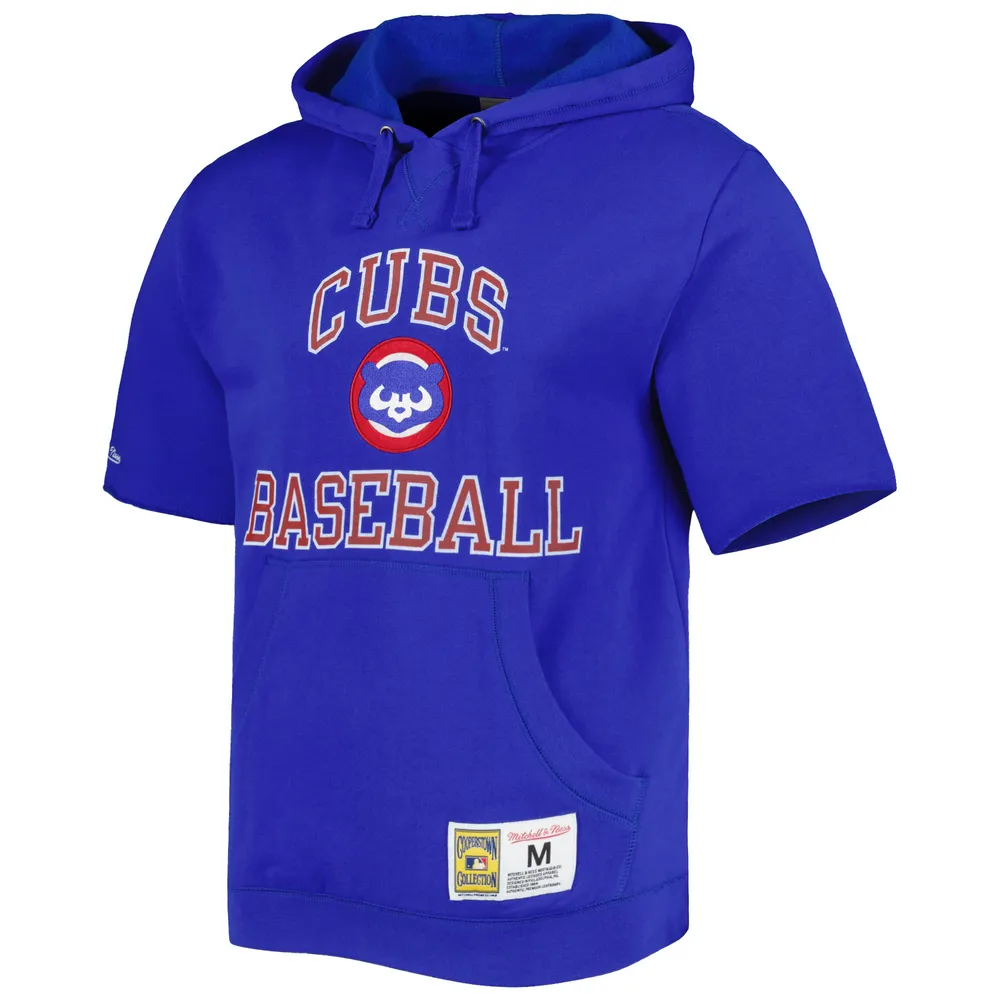 Men's Mitchell & Ness Royal Chicago Cubs Cooperstown Collection Washed Fleece Pullover Short Sleeve Hoodie