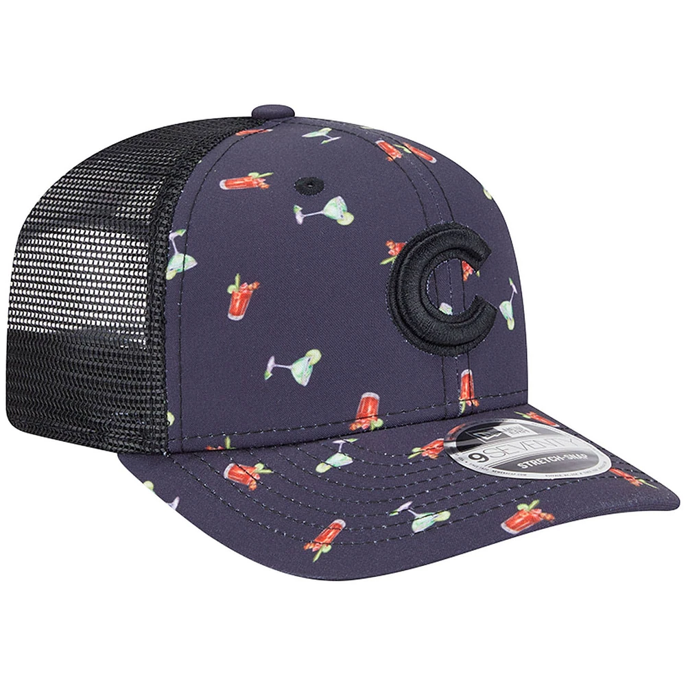 Men's New Era Black Chicago Cubs Adventure Drinks Pattern 9SEVENTY Stretch-Snap Hat