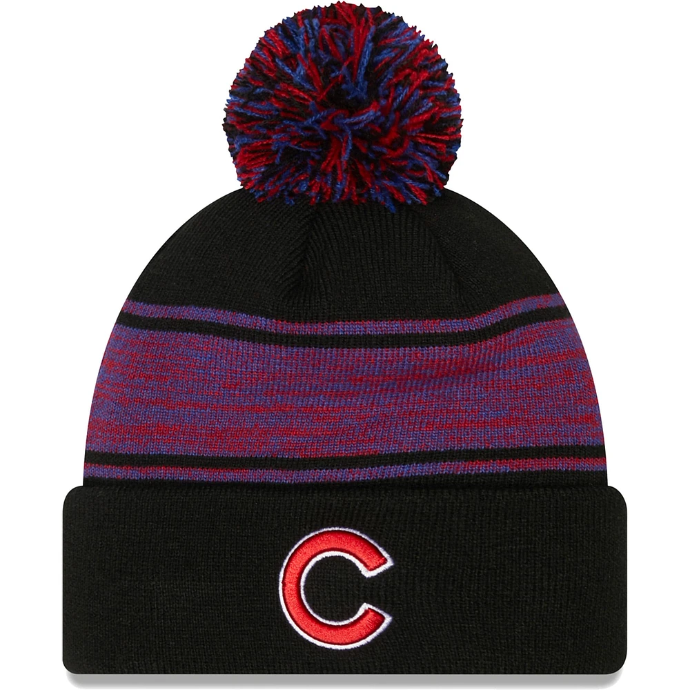 Bonnet en tricot noir à revers avec pompons Chicago Cubs New Era pour homme