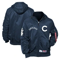 Men's New Era x Alpha Industries Navy Chicago Cubs Cooperstown Collection Full-Zip Hooded Nylon Bomber Jacket