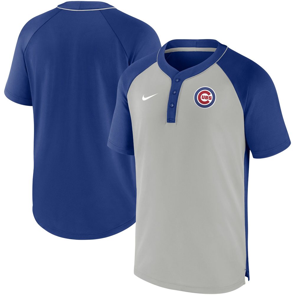 Men's Nike Gray/Royal Chicago Cubs Performance Raglan - Henley T-Shirt