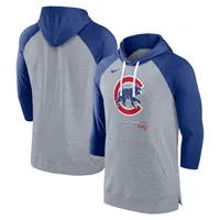 Chandail à capuchon manches 3/4 raglan de baseball Chicago Cubs Nike pour homme, gris chiné/royal chiné