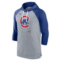 Chandail à capuchon manches 3/4 raglan de baseball Chicago Cubs Nike pour homme, gris chiné/royal chiné