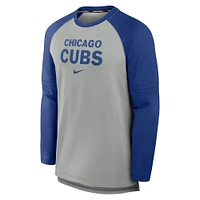 Men's Nike Heather Gray/Royal Chicago Cubs Authentic Collection Game Time Raglan Performance Long Sleeve T-Shirt