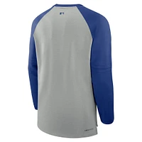 Men's Nike Heather Gray/Royal Chicago Cubs Authentic Collection Game Time Raglan Performance Long Sleeve T-Shirt