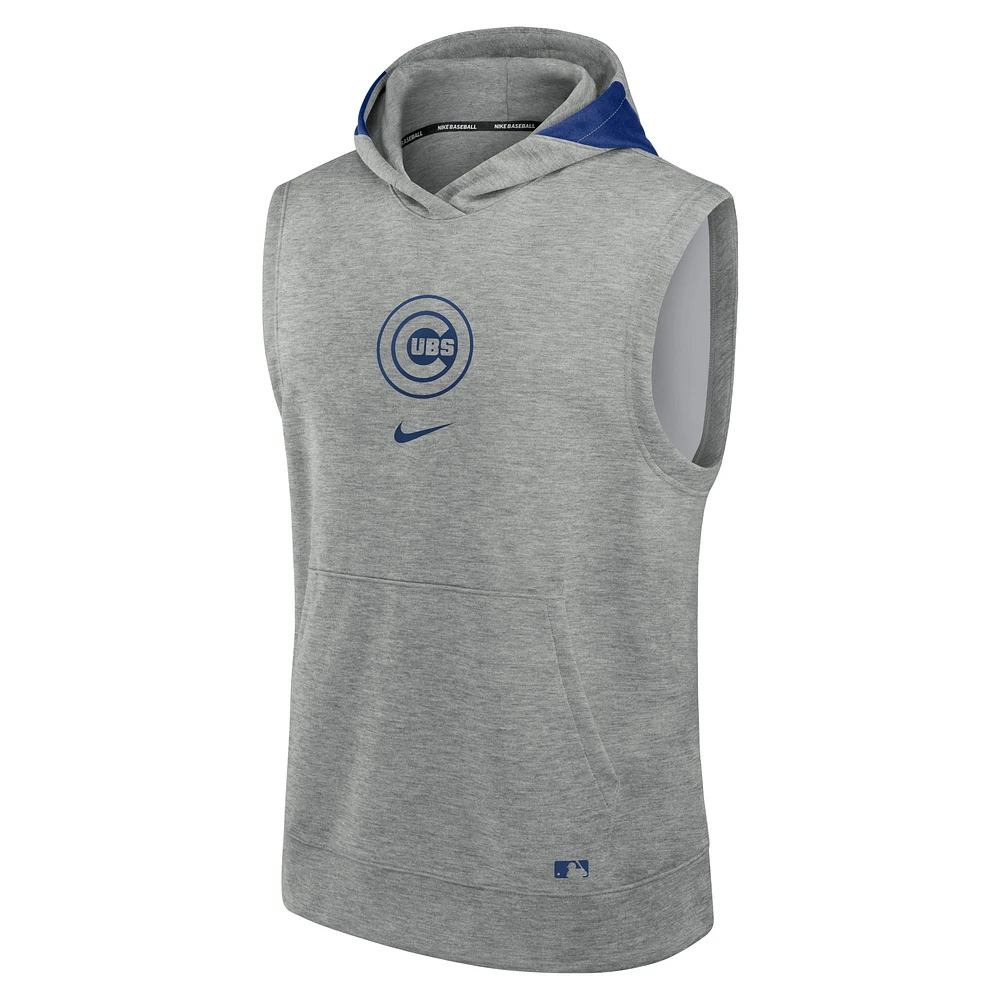 Men's Nike Heather Gray Chicago Cubs Authentic Collection Early Work Performance Sleeveless Pullover Hoodie