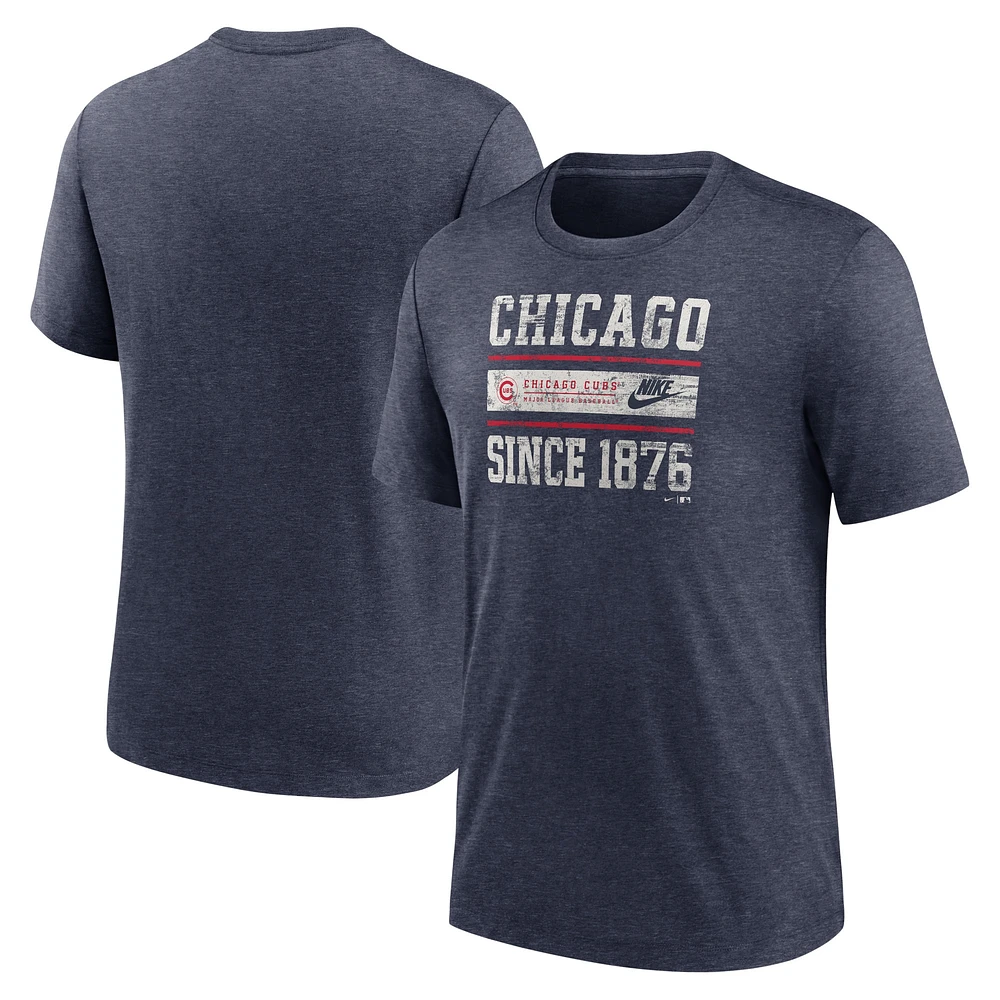 T-shirt à trois mélanges Nike Heather Navy Chicago Cubs Cooperstown Collection Local Stack pour hommes