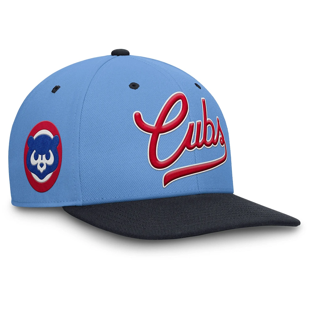 Casquette Nike Pro Performance Snapback bleu clair/bleu marine pour homme des Chicago Cubs Cooperstown Collection