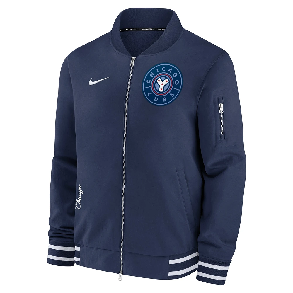 Blouson aviateur entièrement zippé Nike pour homme, Chicago Cubs City Connect Authentic Collection Game Time, bleu marine