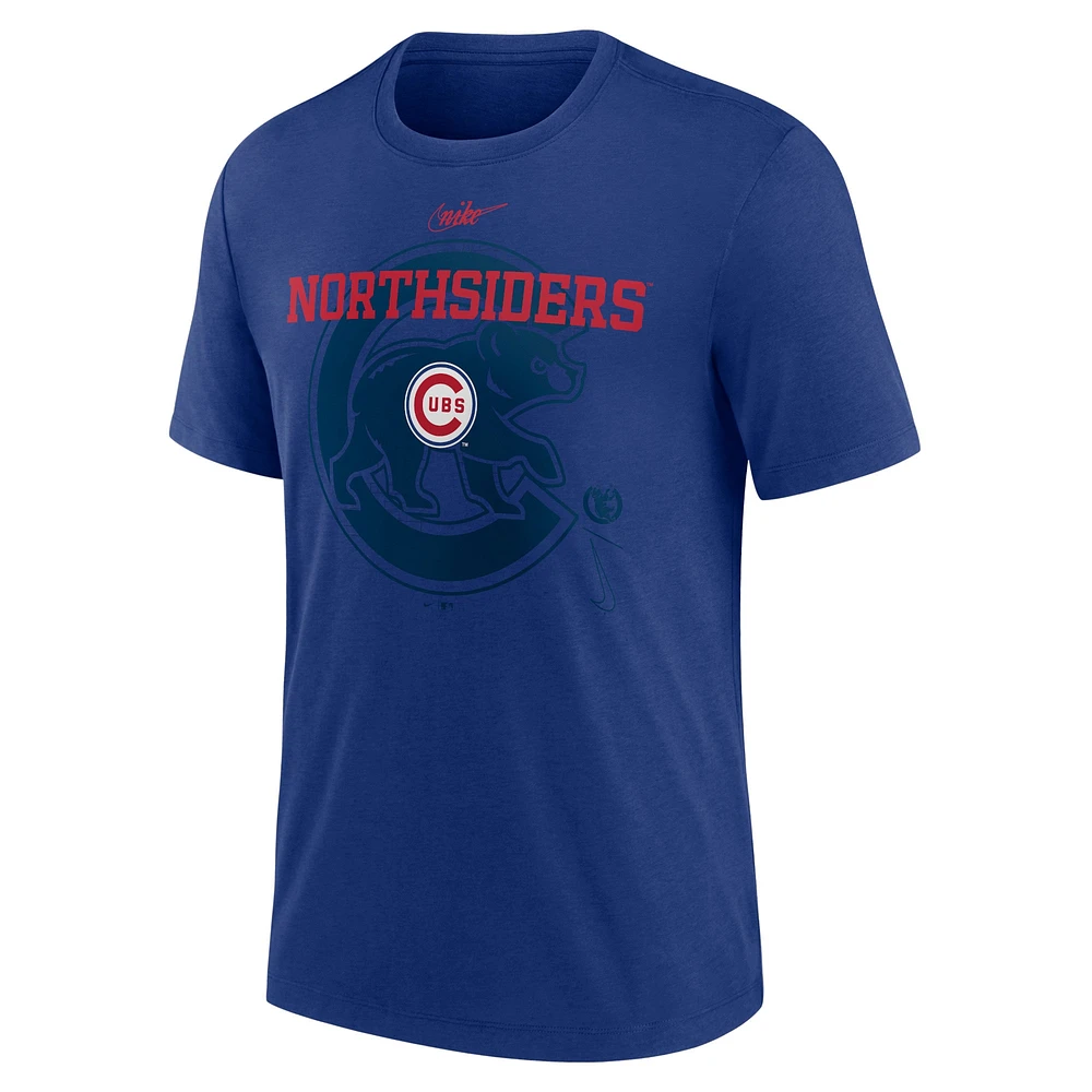 T-shirt Nike Royal Chicago Cubs Rewind rétro en trois mélanges pour homme