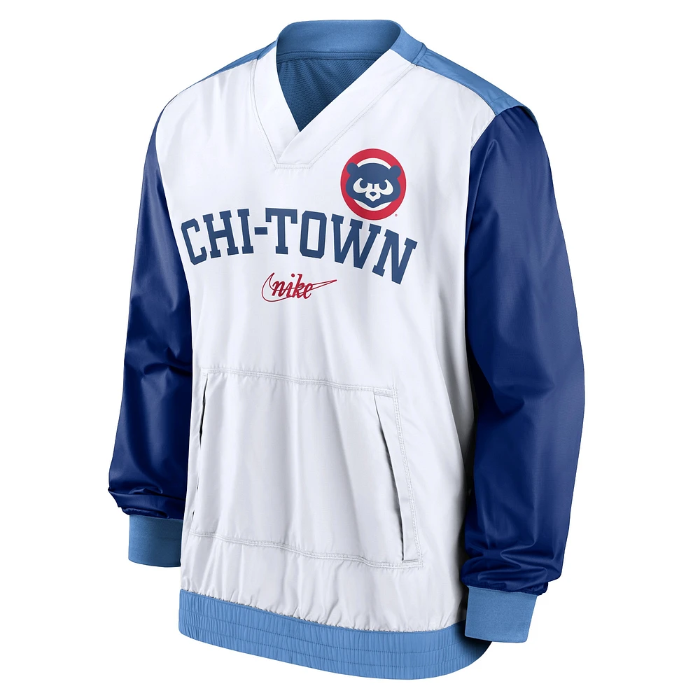 Men's Nike White/Light Blue Chicago Cubs Rewind Warmup V-Neck Pullover Jacket