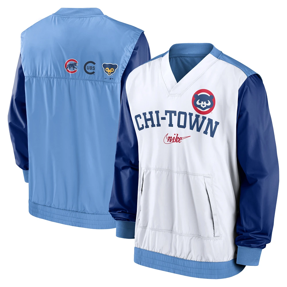 Men's Nike White/Light Blue Chicago Cubs Rewind Warmup V-Neck Pullover Jacket