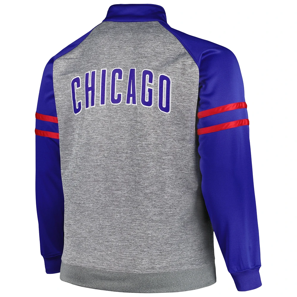 Veste de survêtement raglan à glissière pleine longueur Chicago Cubs Big & Tall pour homme, bleu royal/gris chiné