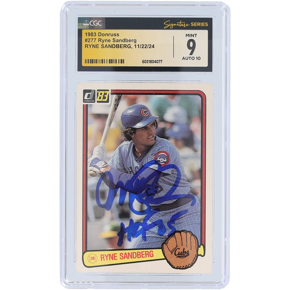Ryne Sandberg Chicago Cubs Autographed 1983 Donruss #277 CGC Fanatics Witnessed Authenticated 9/10 Rookie Card with "HOF 05" Inscription