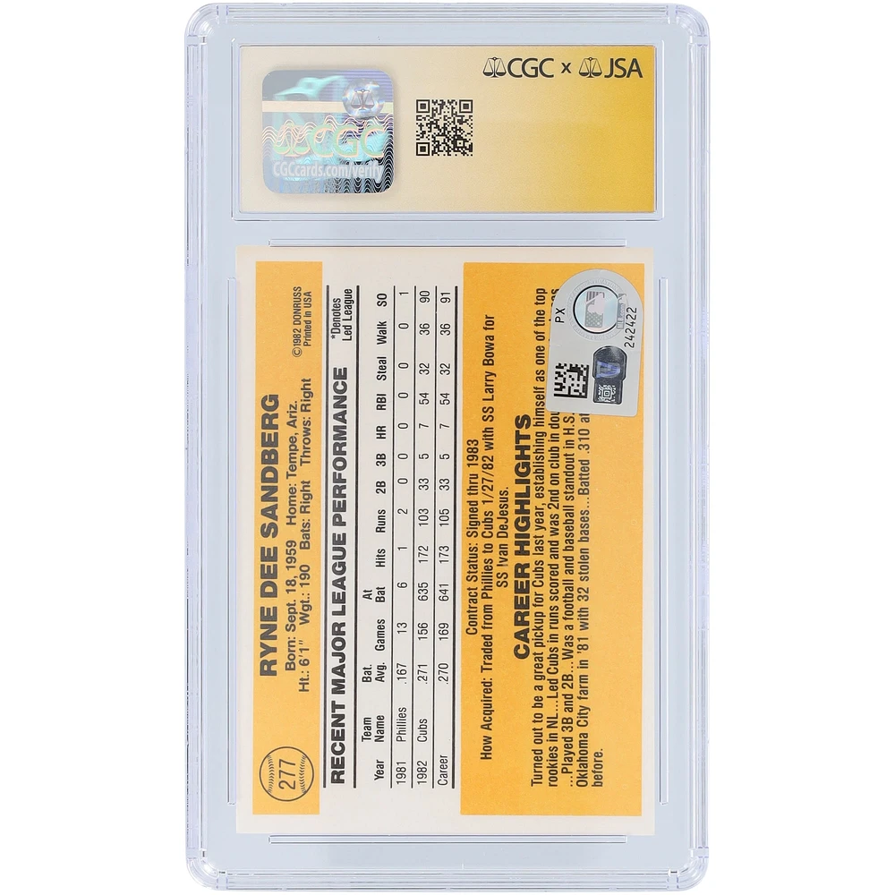 Ryne Sandberg Chicago Cubs Autographed 1983 Donruss #277 CGC Fanatics Witnessed Authenticated 9/10 Rookie Card
