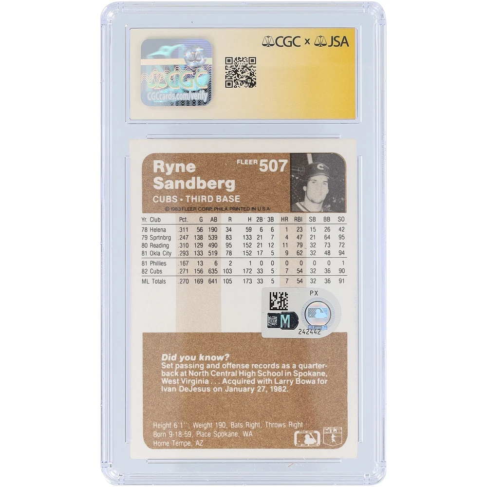 Ryne Sandberg Chicago Cubs Autographed 1983 Fleer #507 CGC Fanatics Witnessed Authenticated Auto 10 Rookie Card with "HOF 05" Inscription