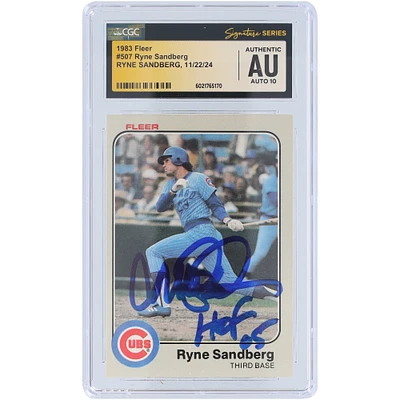 Ryne Sandberg Chicago Cubs Autographed 1983 Fleer #507 CGC Fanatics Witnessed Authenticated Auto 10 Rookie Card with "HOF 05" Inscription