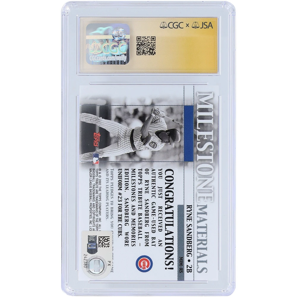 Ryne Sandberg Chicago Cubs Autographed 2002 Topps Tribute Milestone Materials Bat Relic #MIM-RS CGC Fanatics Witnessed Authenticated Auto 10 Card