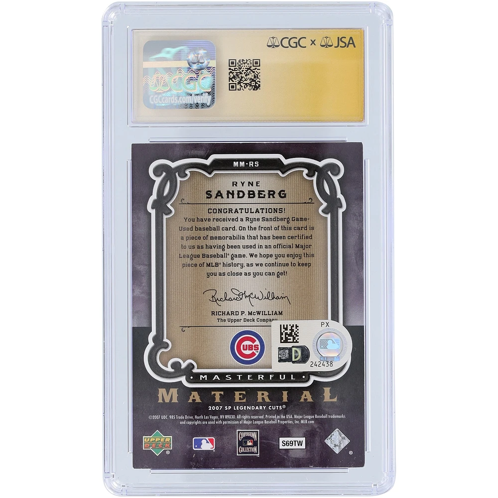 Ryne Sandberg Chicago Cubs Autographed 2007 Upper Deck SP Legendary Cuts Masterful Materials Bat Relic #MM-RS CGC Fanatics Witnessed Authenticated Auto 10 Card