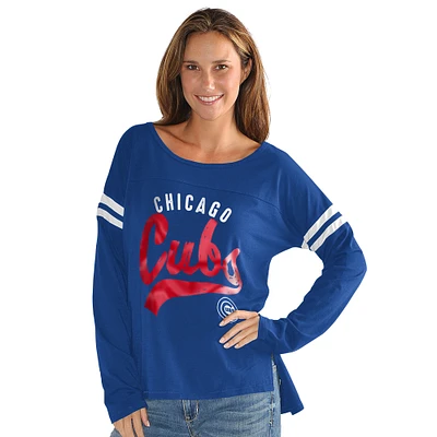 Women's G-III 4Her by Carl Banks  Royal Chicago Cubs Free Agent Distressed Long Sleeve Scoop Neck T-Shirt