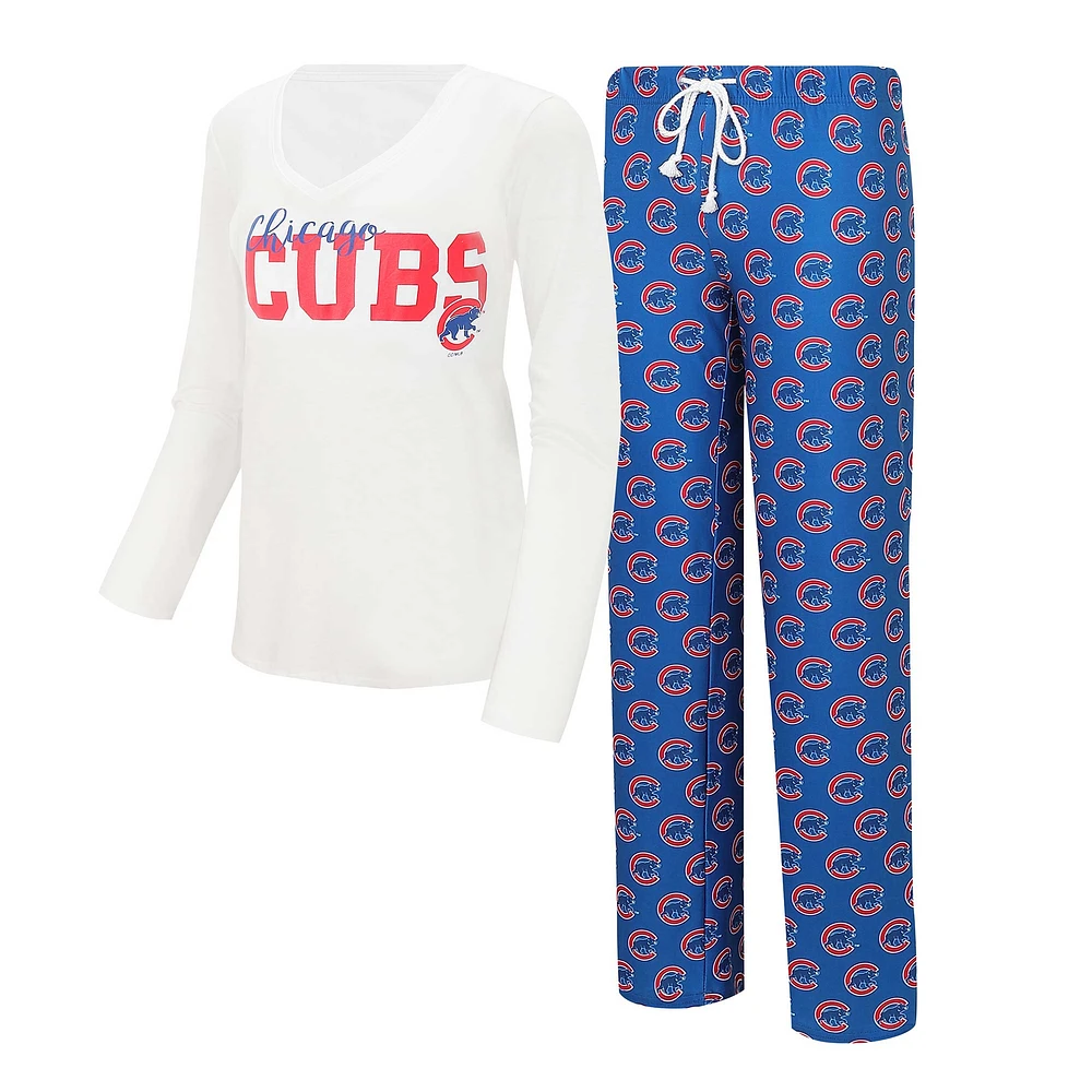 Ensemble de nuit Concepts Sport blanc/royal Chicago Cubs pour femmes, t-shirt à manches longues et pantalon jauge