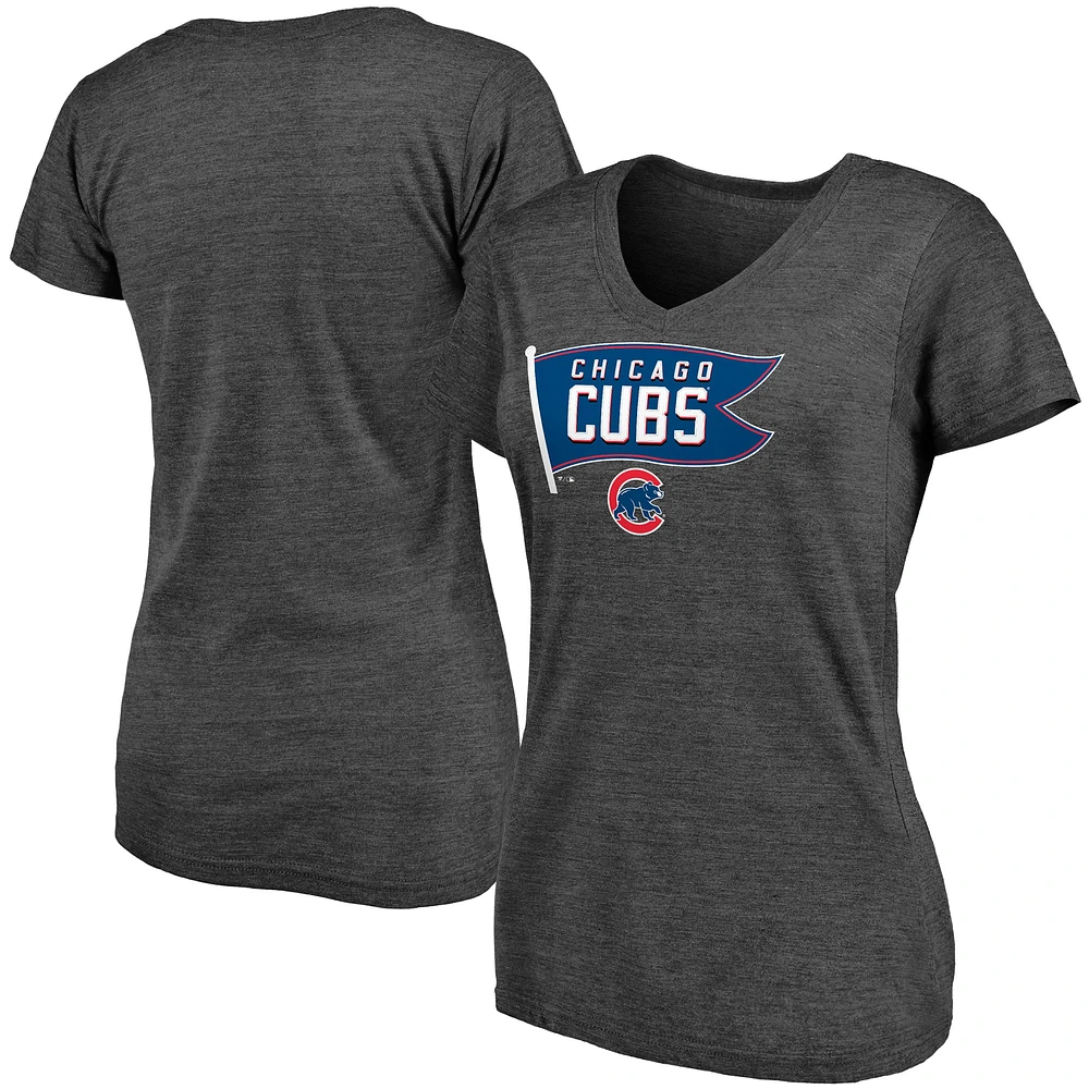 T-shirt tri-mélange à col en V Fanatics Heathered Charcoal Chicago Cubs Holy Cow Hometown Collection pour femmes