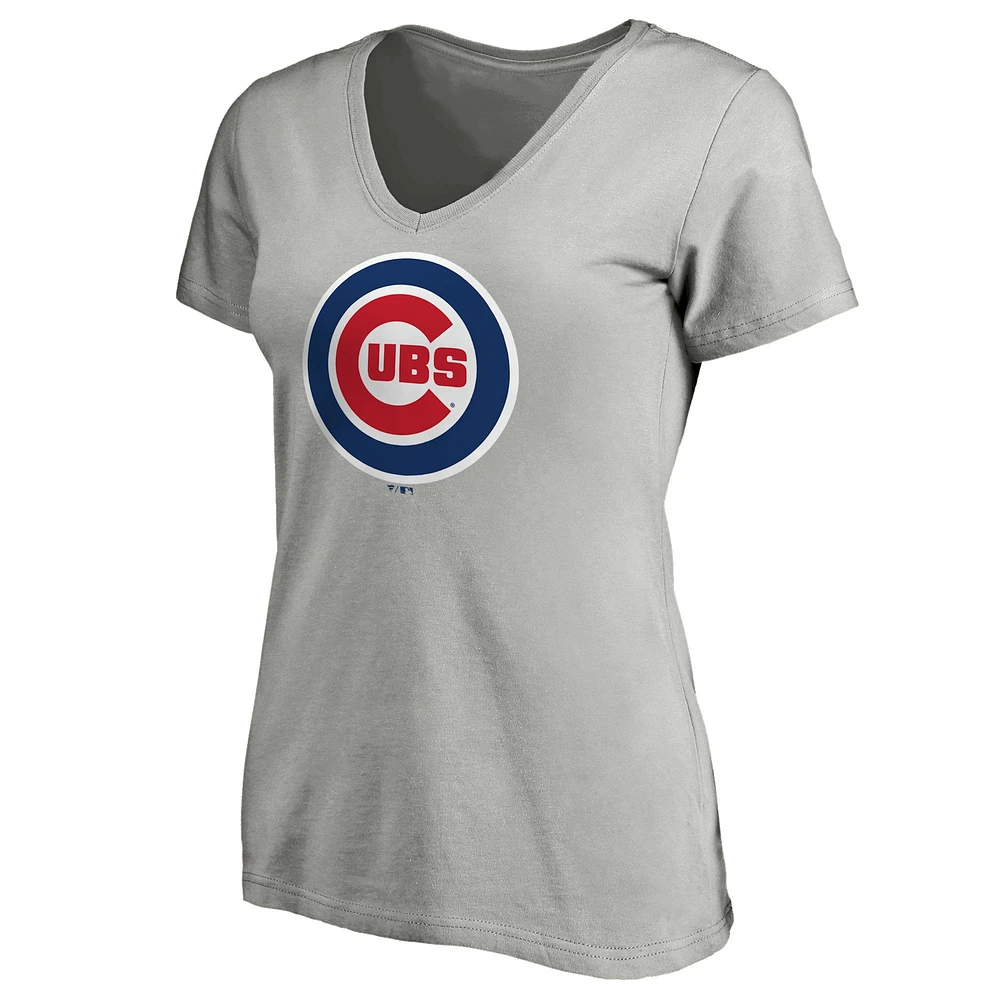 T-shirt à col en V avec logo officiel Fanatics pour femmes, gris chiné, Chicago Cubs Core