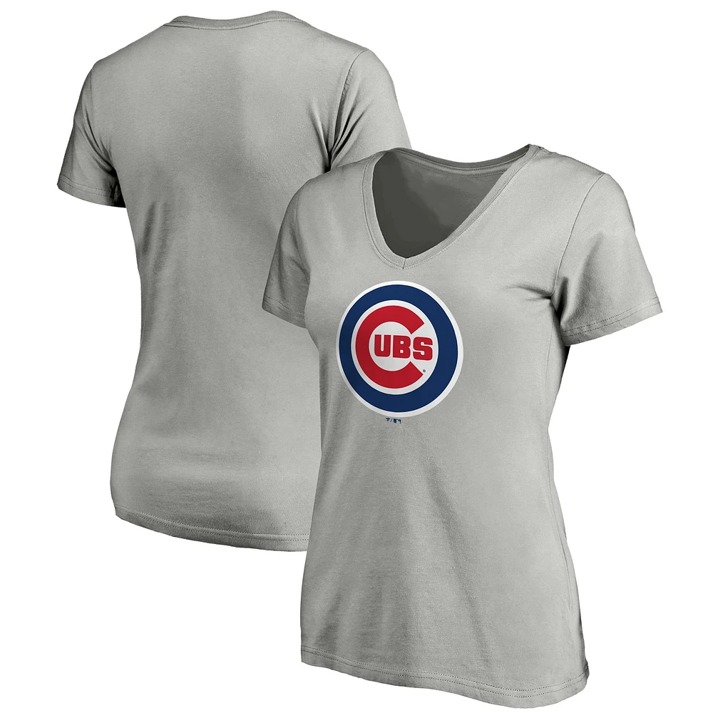 T-shirt à col en V avec logo officiel Fanatics pour femmes, gris chiné, Chicago Cubs Core