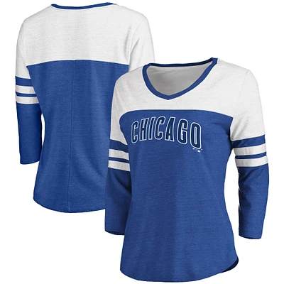 Women's Fanatics Heathered Royal/White Chicago Cubs Official Wordmark 3/4 Sleeve V-Neck T-Shirt