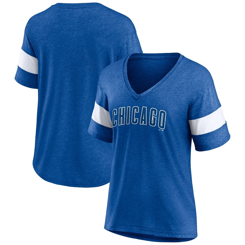 T-shirt tri-mélange à col en V avec logo Fanatics Royal Chicago Cubs pour femmes