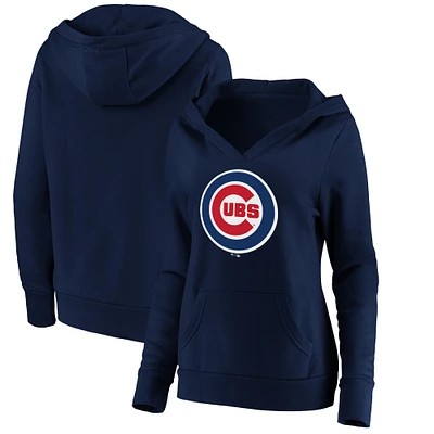 Women's Fanatics Navy Chicago Cubs Official Logo Crossover V-Neck Pullover Hoodie