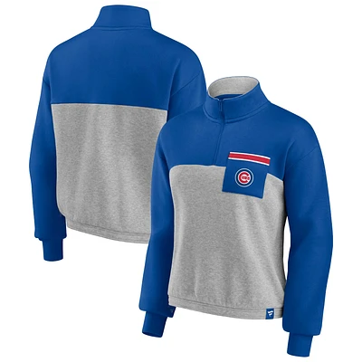 Haut emblématique à taille cintrée avec fermeture éclair quart de tour Fanatics Royal/Heather Grey pour femmes des Chicago Cubs