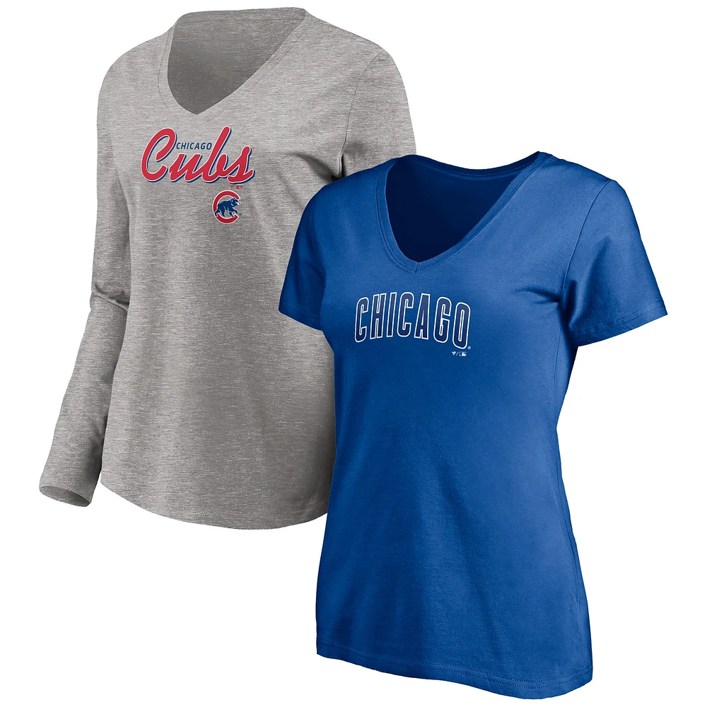 Ensemble combiné de t-shirts à col en V l'équipe des Chicago Cubs Fanatics Royal/Heathered Grey pour femmes